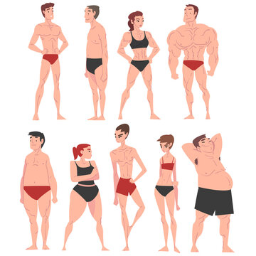 Men and Women in Underwear Set, Different Human Body Constitution, Male and Female Body Types Cartoon Style Vector Illustration