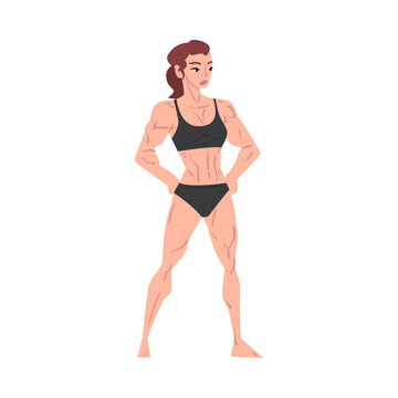 Athletic Woman in Black Underwear, Young Woman with Muscular Body Cartoon Style Vector Illustration on White Background