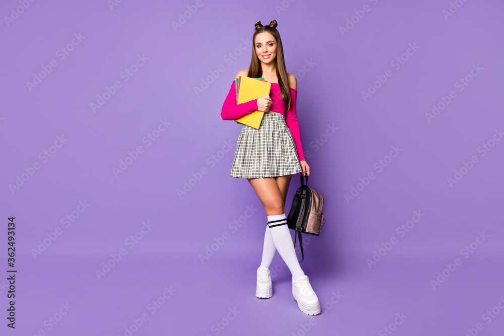 Sticker Full length body size view of nice attractive charming pretty cute funky cheery girl holding book 1 September isolated on bright vivid shine vibrant lilac violet purple color background