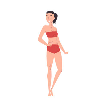 Slender Young Woman in Red Bathing Suit, Slim Female Figure type Cartoon Style Vector Illustration on White Background