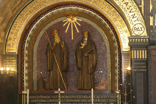 Cassino, Italy - July 5, 2020: The central chapel with the statues of San Benedetto and Santa Scolastica in the basilica of Montecassino