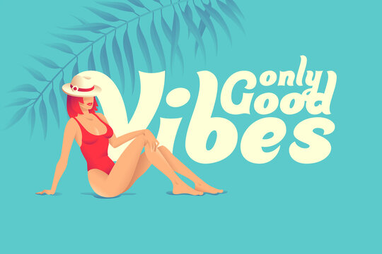 Vector Lettering Poster With Beautiful Sitting Woman Wearing Red Swimsuit