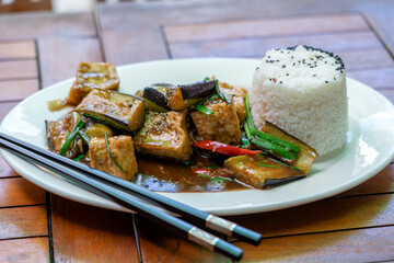 Lightly fried tofu and stew with eggplant, onion, garlic, gravy sauce on plate