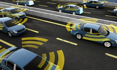 Autonomous cars on a road with visible connection - 362494144