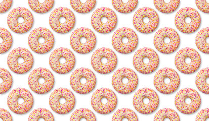 Bright Color donut pattern on a white background, dessert. Set Sweet pastry donut top view, junk food, comfort food