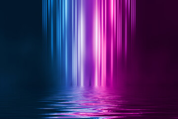 Light neon effect, energy waves on a dark abstract background. Laser colorful neon show. Reflection of light in the water. Smoke, fog. 3d illustration