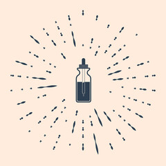 Black Glass bottle with a pipette. Vial with a pipette inside and closed lid icon on beige background. Container for medical and cosmetic product. Abstract circle random dots. Vector Illustration