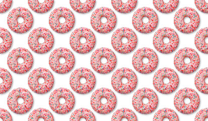 Pink color donut pattern on a white background, dessert. Set Sweet pastry donut top view, junk food, comfort food