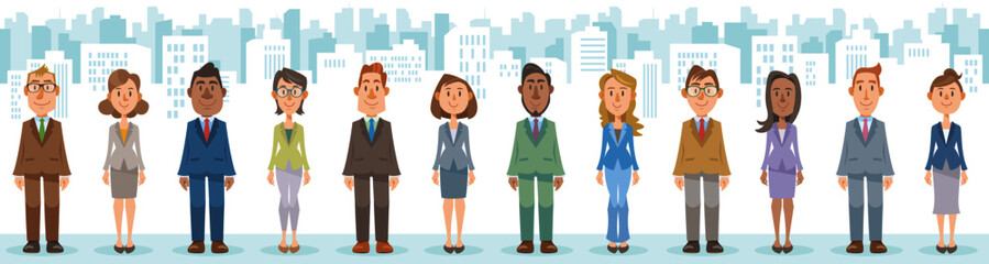 Diverse business people characters are standing in city landscape. Vector illustration in flat cartoon style.