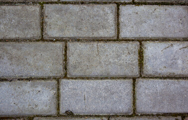 Simple rectangular paving slabs. Gray paving tiles details close-up. The texture of paving tiles, the pattern on the tile. Concrete paving slab flagstone. Sidewalk pavement pattern.