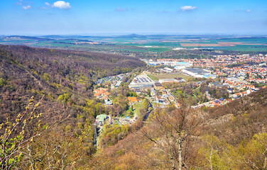 View from the Harz mountains to the city of Thale with a blue sky. Saxony-Anhalt, Germany