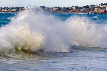 Big high tide and big waves on the Chaussée du Sillon in Saint Malo, Brittany, France