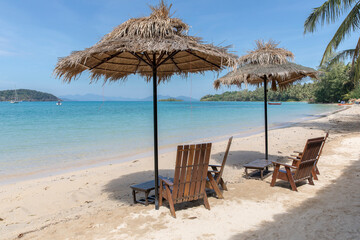 Beach Umbrella and Sunbed, Koh Mak Beach, Koh Mak island, Thailand.