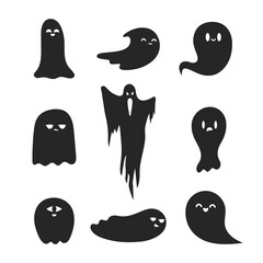 Set of Halloween cute and scary ghost silhouettes. Haunted house phantoms. Cartoon boos. October night party decoration.