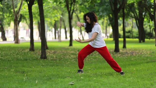 fitness, sport and success concept - A woman does tai Chi qigong exercises in the Park. Eastern martial arts Wushu