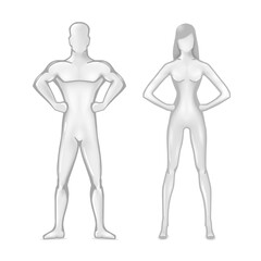 Stylized ideal body of man and woman with muscles on white background. Muscle silhouette of male and female in vector. Attractive athletic anatomy of men. Symbol of confident pose.