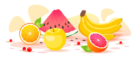 Set of summer fruits and berries. Healthy eating, Organic food, Dessert, Diet, Fresh fruit, Online food ordering concept. Isolated vector illustration for poster, banner, cover.