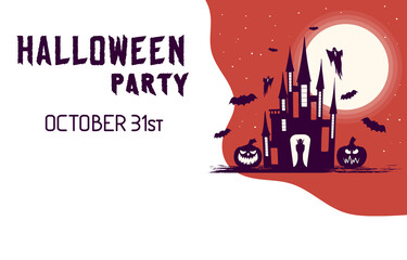 Obraz premium Halloween flyer with creepy branches, haunted house with a vampire, bats and cemetery under the moon. Vector isolated horror night leaflet, banner or poster. October party border.