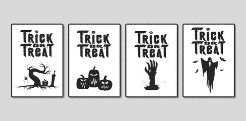 Halloween invitation leaflet. Trick or treat flyers with pumpkins, cemetery, bats, spiders and zombie under the moon for october 31 party night. Vector isolated horror posters. 