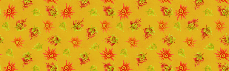 Fototapeta na wymiar bright african background with plants leaves and sun 