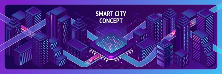Smart city isometric banner, ai trains driving through hub with microcircuit elements, neon glowing buildings and modern urban architecture, artificial intelligence technology 3d vector illustration
