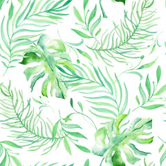 Watercolor tropical palm leaves seamless pattern. Tropical palm leaves, jungle leaf seamless floral pattern background