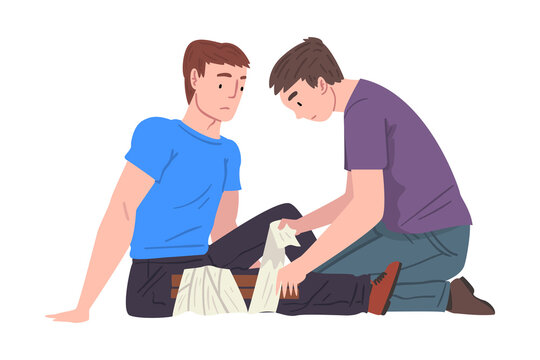 Man Helping ro Injured Person with Injured Leg, First Aid Vector Illustration on White Background.