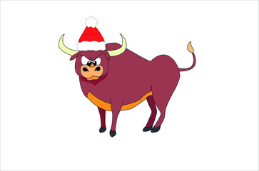 A bull in a Christmas hat, Greeting card Merry Christmas and Happy New Year 2021,year of the ox or bull,symbol of 2021 East  Asian horoscope, Chinese zodiac sign, vector illustration isolated on white