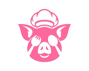 Pig chef with fork and spoon