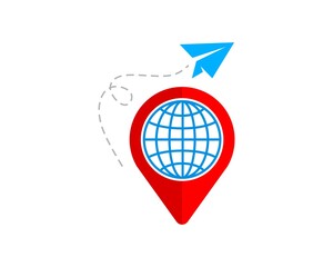 Pin location with globe and paper plane
