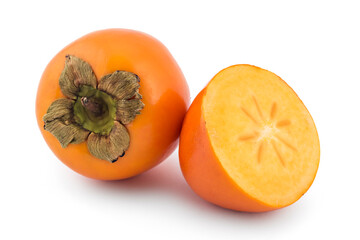 Two fresh raw persimmon fruit isolated on white background, one cutted - 362497745