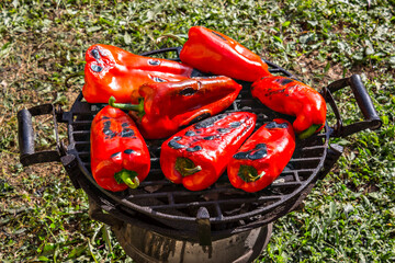 Close-up of roasted fresh red pepper on the grilling Pan, with gras in background, in the backyard - 362497934