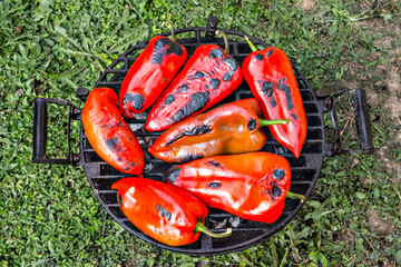 Close-up of roasted fresh red pepper on the grilling Pan, with gras in background, in the backyard - 362497959