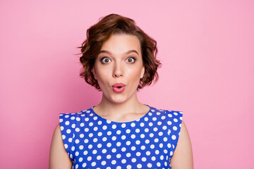 Close-up portrait of her she nice attractive cute charming lovely lovable cheerful cheery amazed brown-haired girl pout lips isolated over pink pastel color background