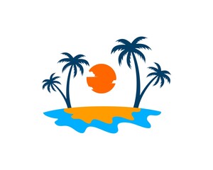 Island beach with palm tree and sunset