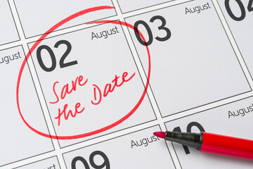 Save the Date written on a calendar - August 02
