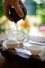 A hand conducting a traditional Chinese Tea ceremony. Calming atmosphere.