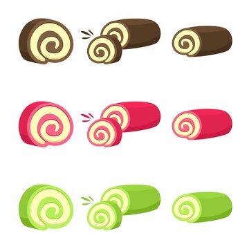 Set of Swiss Roll Cake Vector flat Illustration. Roll Cake with flavors of chocolate, green tea, and red velvet. Element bakery design for advertising, paper, and more.