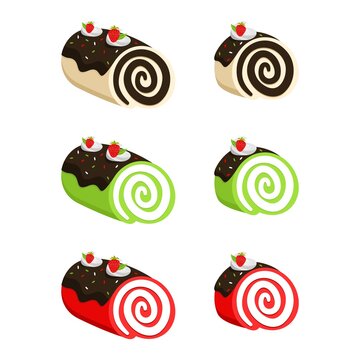Set of Strawberry Swiss Roll Cake Vector flat Illustration. Roll Cake with flavors of chocolate, green tea, and red velvet. Element bakery design for advertising, paper, and more.