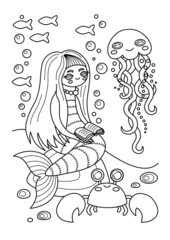 Cartoon page for coloring book with mermaid, jellyfish and crab, hand-drawn vector illustration.