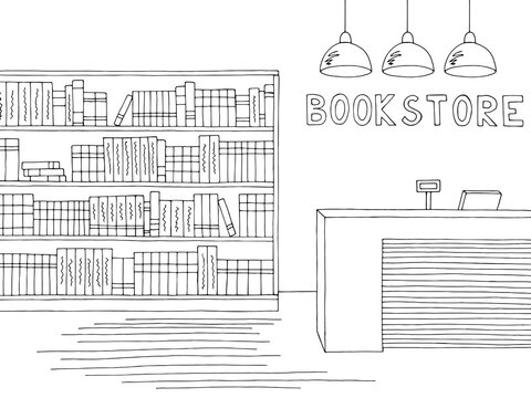 Book shop store interior graphic black white sketch illustration vector
