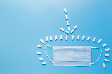 Top view of medical mask and pills , arrow pointing at facial mask