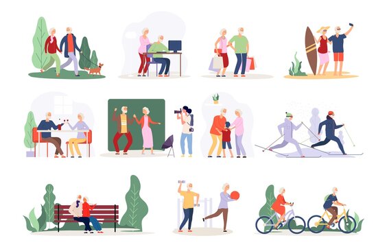 Old couple. Vector active people collection. Happy elderly characters. Old persons in cafe, park, forest. Grandmother grandfather vector set. Pensioner active happy and healthy illustration