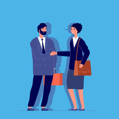 Woman liar. Long nose, business fraud metaphor. Female cheat fake smile and handshake. Flat partners, manager and client vector illustration. Woman liar false with long nose in business