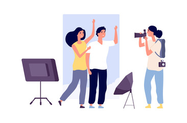 Models and photographer. Professional photo session with cute man woman flat characters. Happy couple vector illustration. Professional photographer with camera, woman take photo session