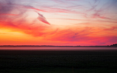 Naklejka na ściany i meble Colorful summer sunset over a misty field