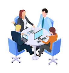 Teamwork. Isometric business meeting, people talking about project at table or working process. Brainstorm vector illustration. Business teamwork meeting, 3d conversation people in office