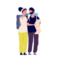 Tourists with map. Happy traveler find road or travel trip. Flat man woman with backpacks, couple hiking together vector illustration. Traveler explore trip, tourist with navigation map on road