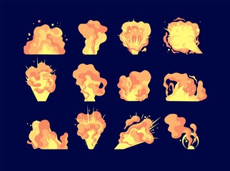 Cartoon explosion. Comics fire blast, dynamite destruction. Danger bomb blast, bang effects for games on black. Atomic explode vector set. Boom explosion, blast fire cartoon illustration