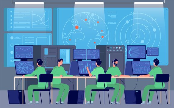 Government control center. Command room, engineers controlling military mission. Security station, cybersecurity department vector. Government security center, control and surveillance illustration